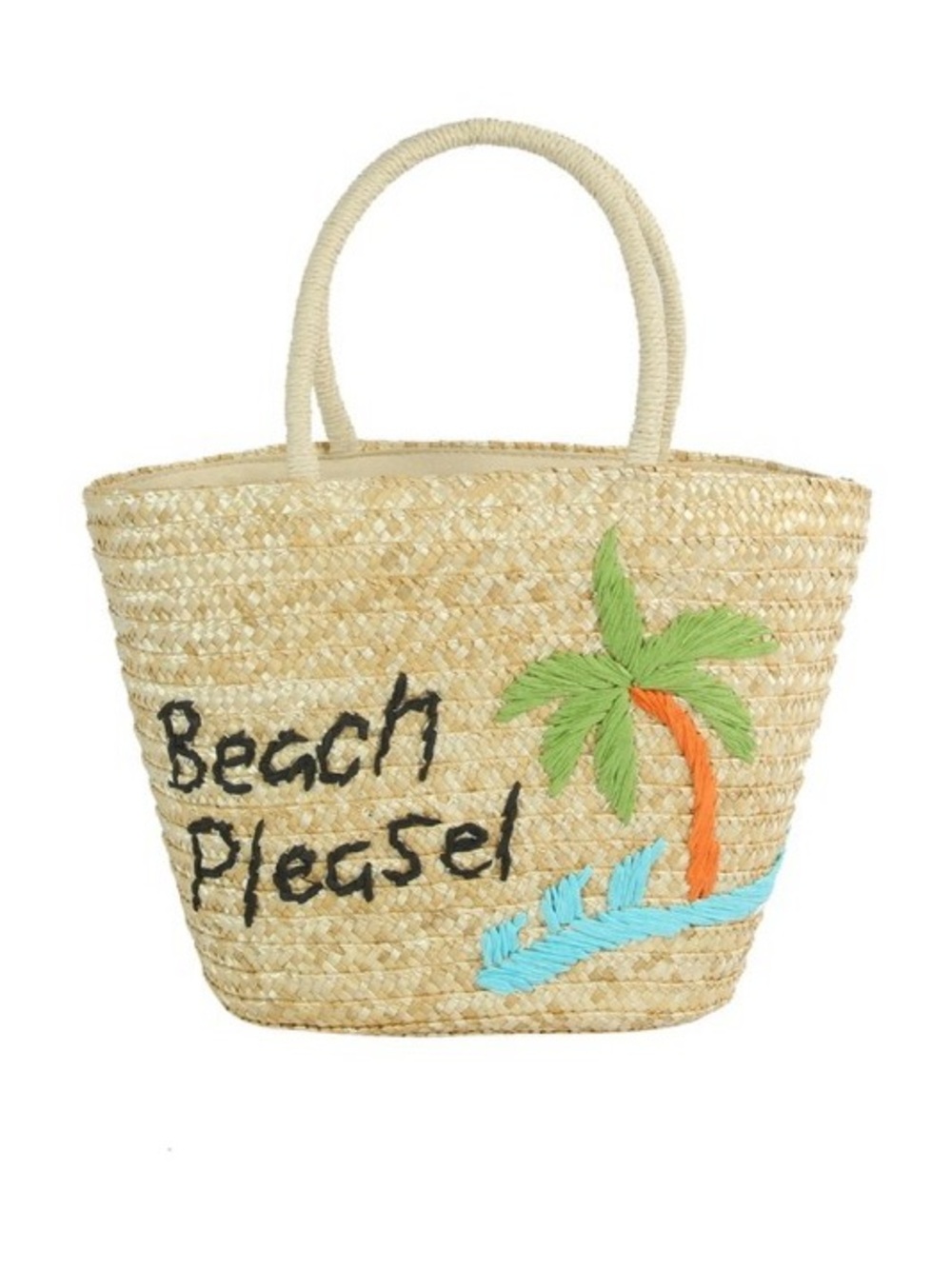 BEACH PLEASE EMBROIDERED STRAW TOTE BAG